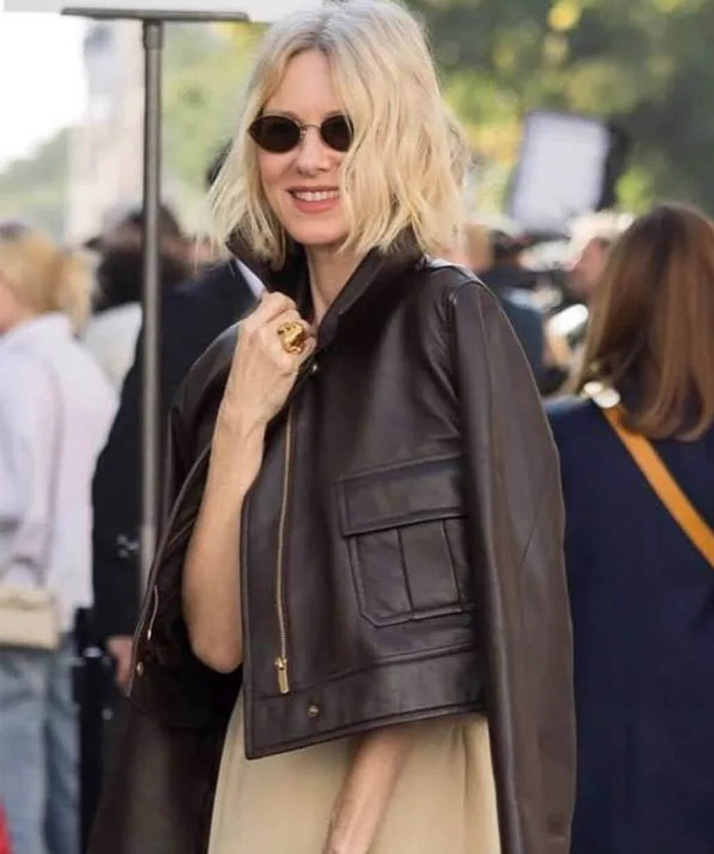 Naomi Watts PFW 2026 Brown Leather Jacket